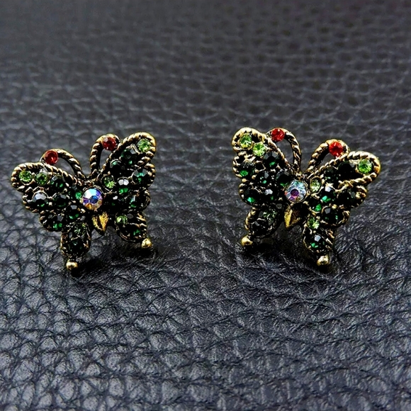 Retro style multicolored crystal butterfly earrings with silver post - Picture 9 of 10